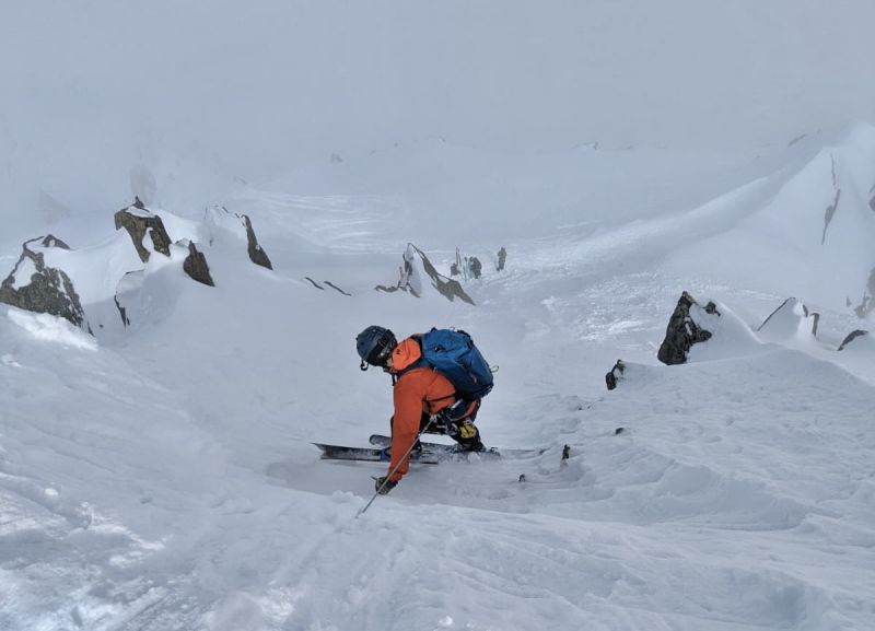 Abseiling into a couloir on the ski mountaineering course in Chamonix.