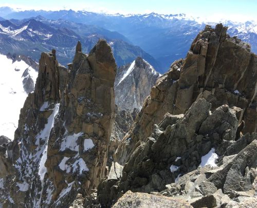 The granite towers of the Aiguilles du Diable on the Mont Blanc du Tacul.