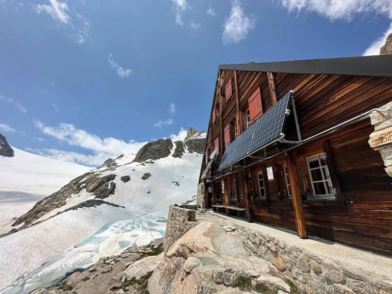View of a high mountain refuge passing by on the Haute Route glacier trek.