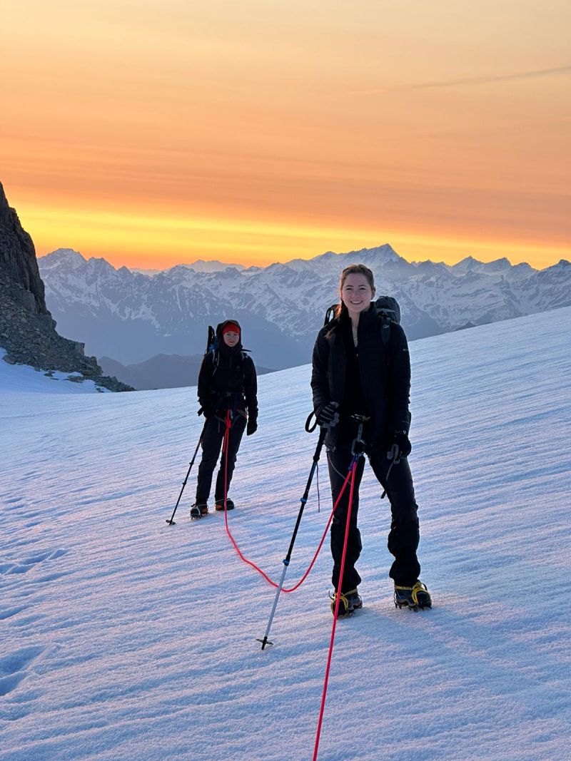 Early morning on glaciers on the Haute Route glacier trek from Chamonix to Zermatt.
