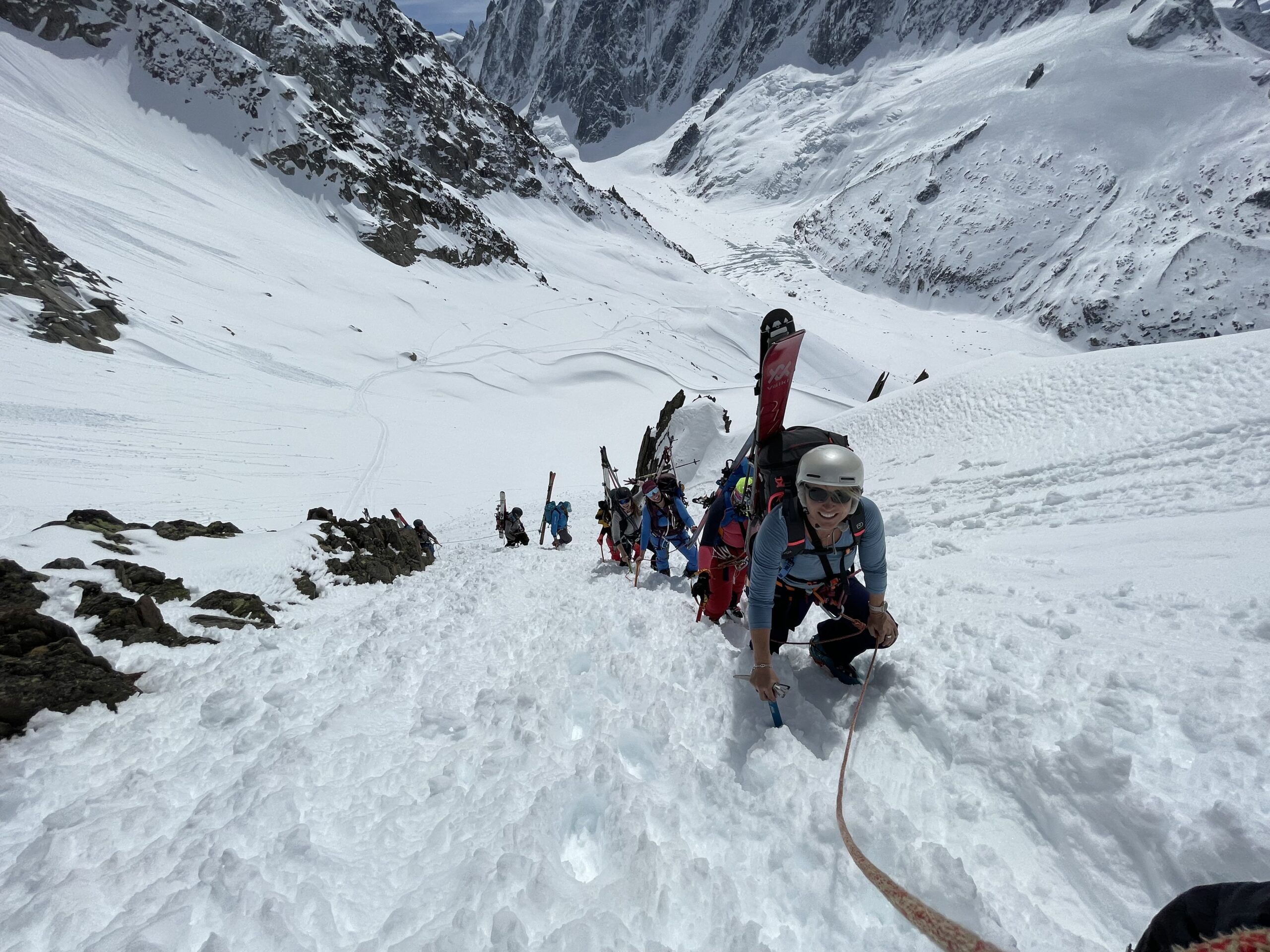 Chamex team on the guided Haute Route ski tour climbing up the col du Passon in Chamonix.