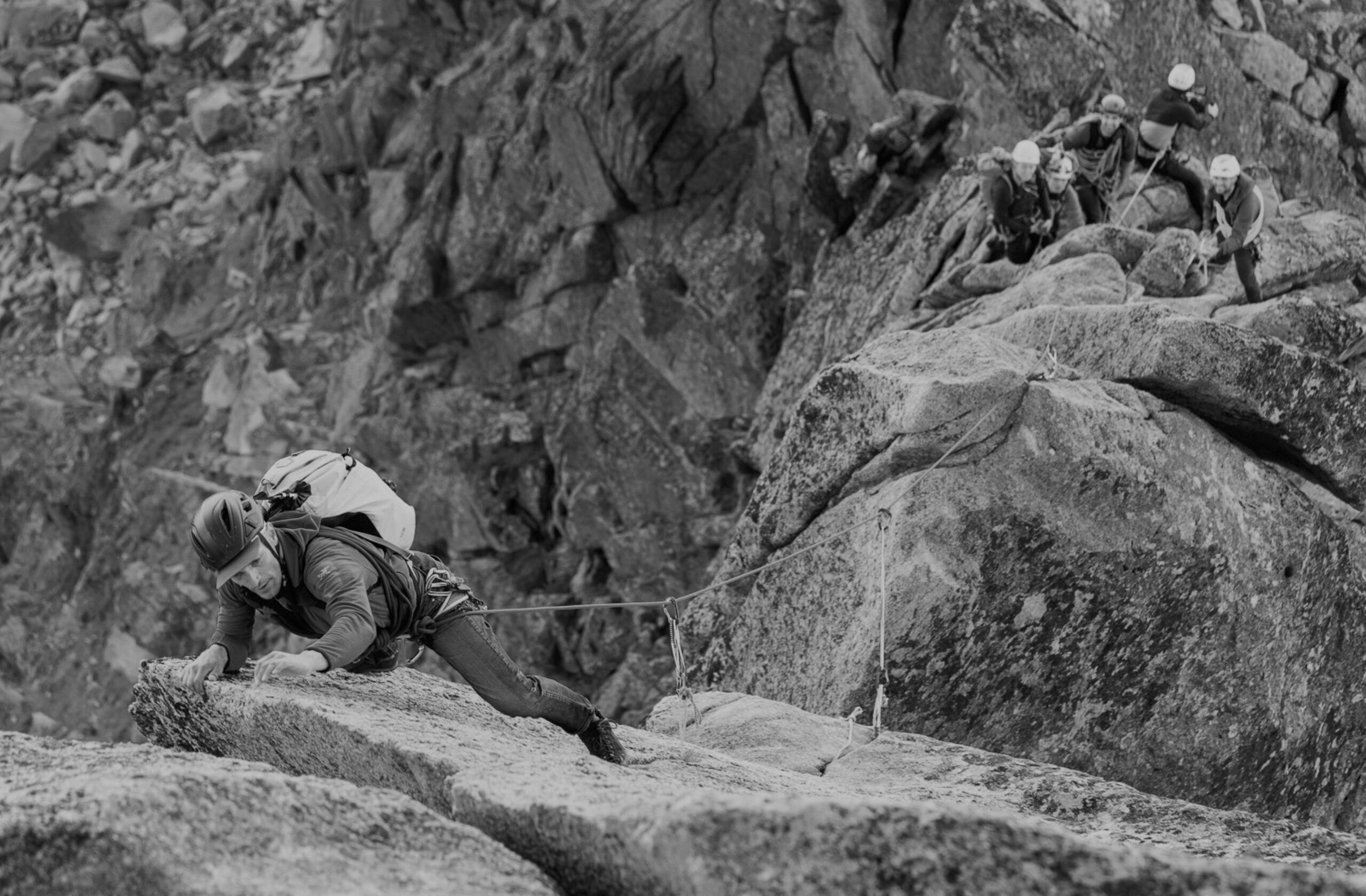 The Arcteryx Alpine Academy team climbing the Papillon ridge on Aiguille du Peigne.