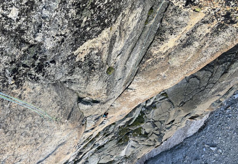 Rock climbing amazing granite route near the Argentiere hut, Chamonix.