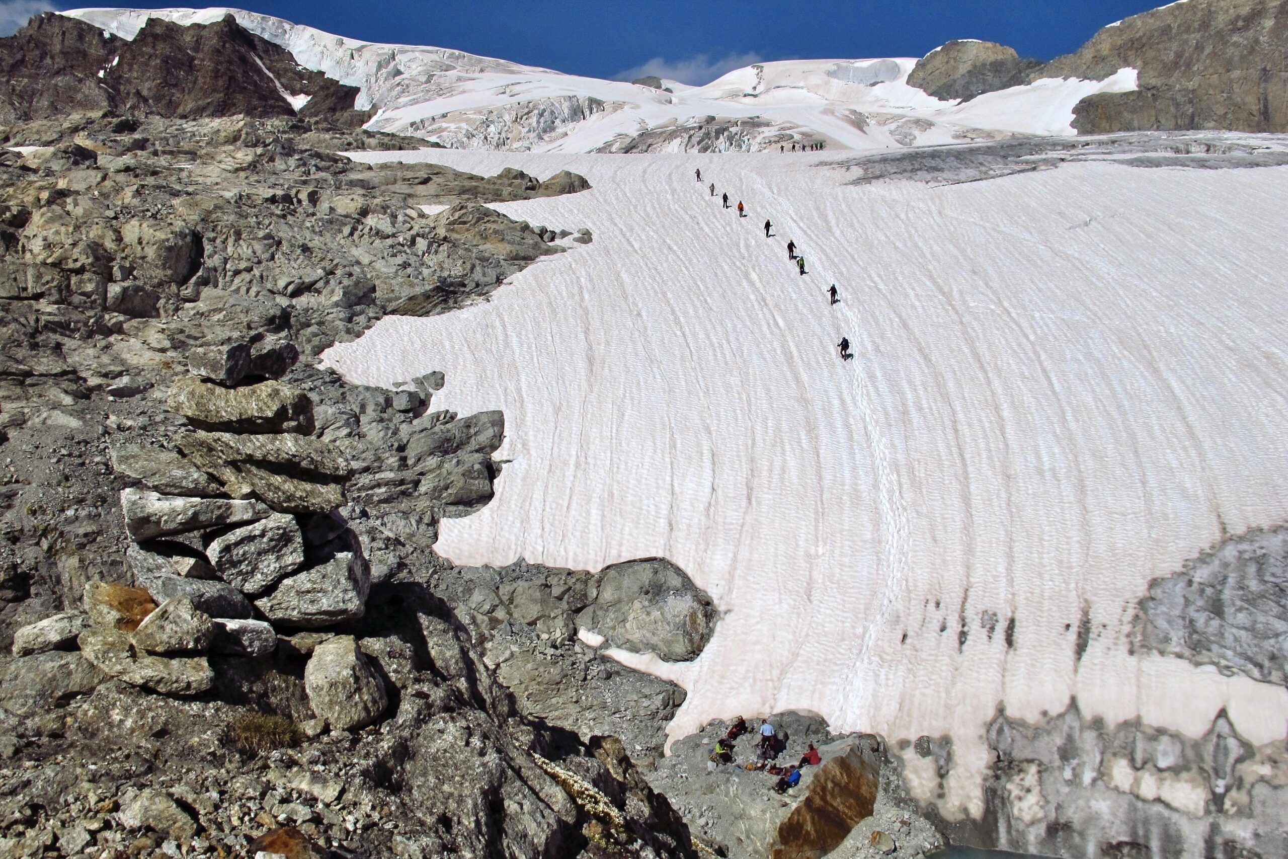 Hikers in the Chamonix to Zermatt guided glacier trek.